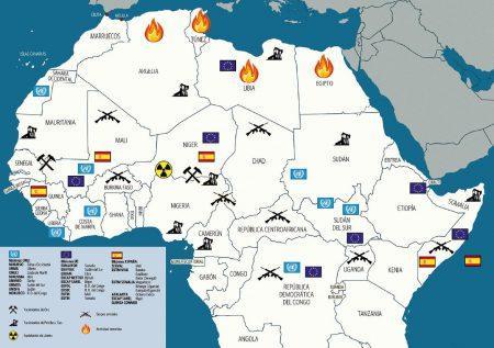 Rechazar el enfoque militarista del hecho migratorio: Mapa de África excluyendo la zona sur con iconos de yacimientos y explotación de recursos, conflictos armados y terrorismo, así como misiones militares de España, UE y ONU.